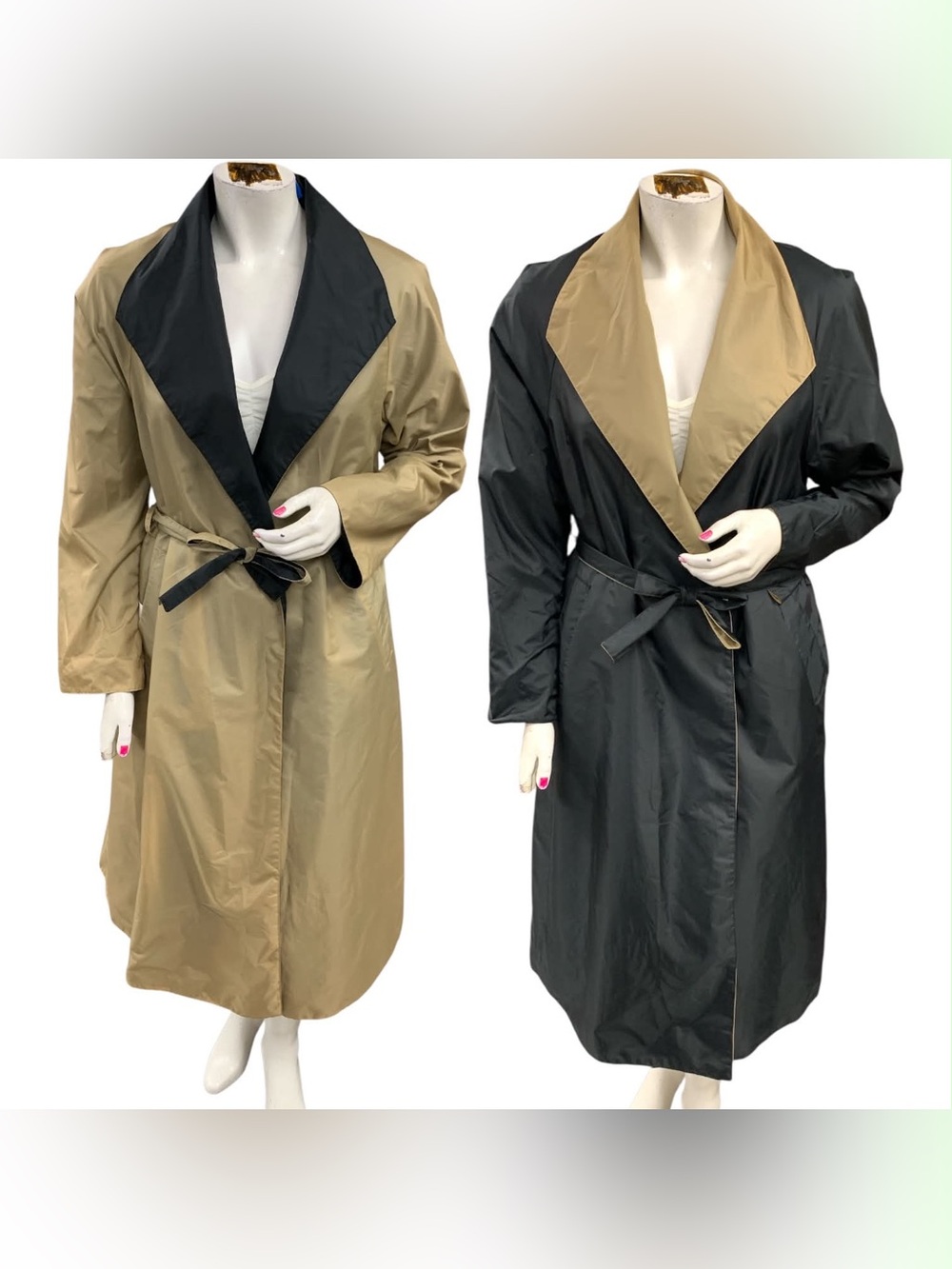 Aqua Sheen Reversible Two-Color Trench Coat — Black & Khaki Size L